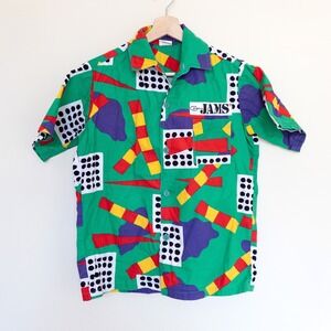 Vintage Jams World Surf Line Button Down Green Geometric Abstract 90s Kids XL